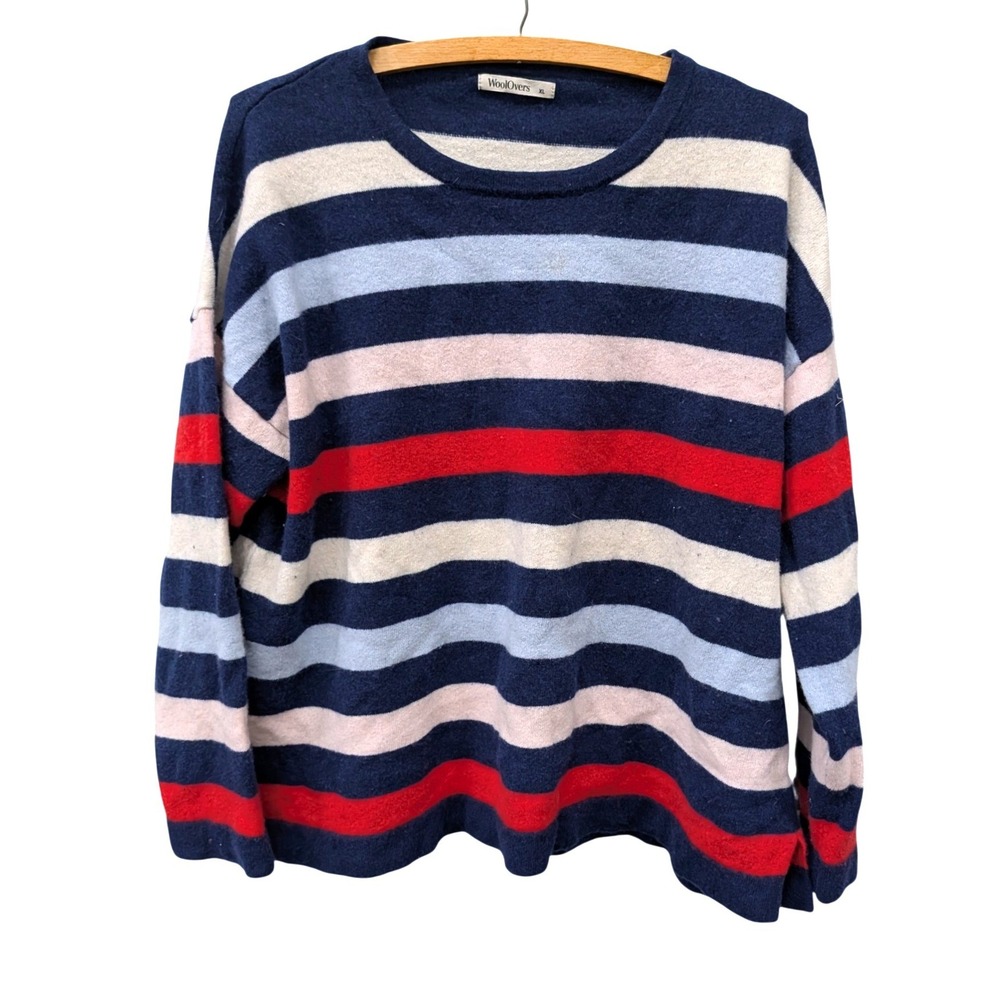 WoolOvers Merino Cashmere Striped‎ Sweater Blue Red Cream Crewneck Knit- XL